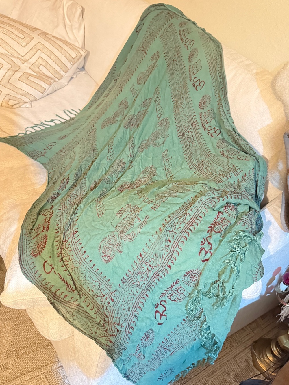 Light Green Printed cotton large wrap fringe boho scarf  - Unbranded